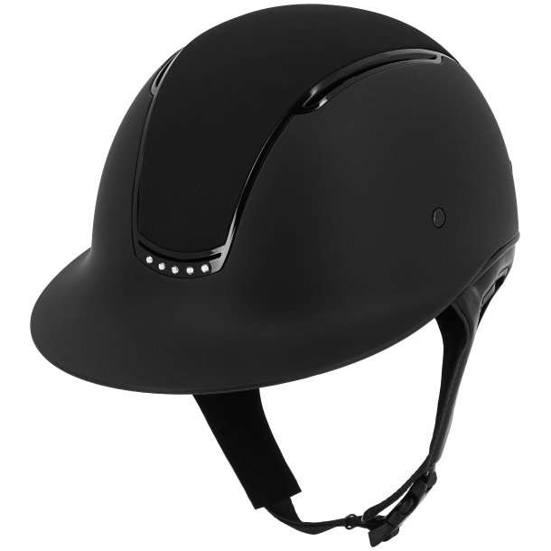  EQUITHME Soazy ridehjelm. Bred skygge med blank sort indsats, 5 rhinsten og sort stofoverflade  